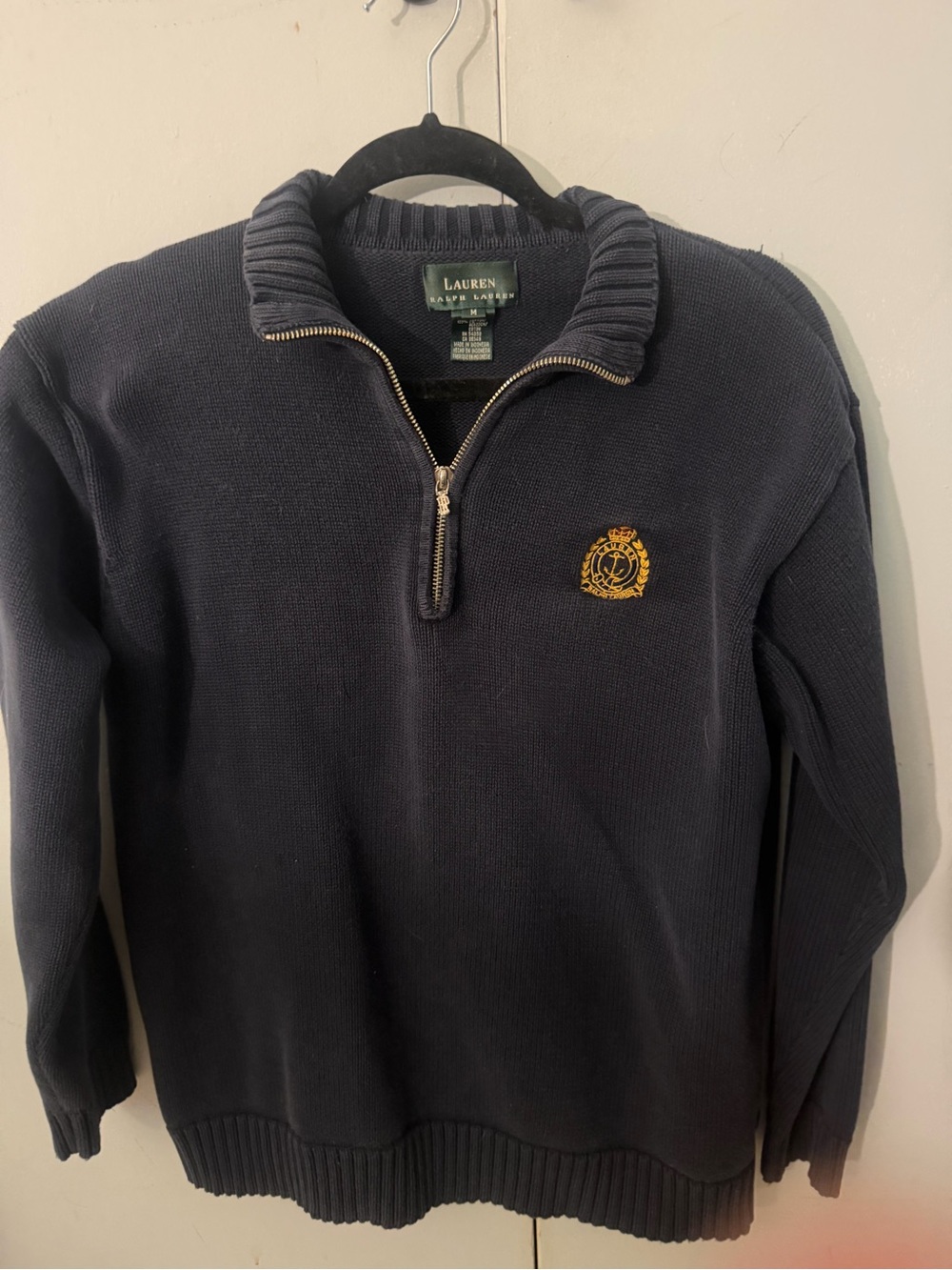Vintage 90s Lauren Ralph Lauren Navy Crest Quarter Zip Sweater M